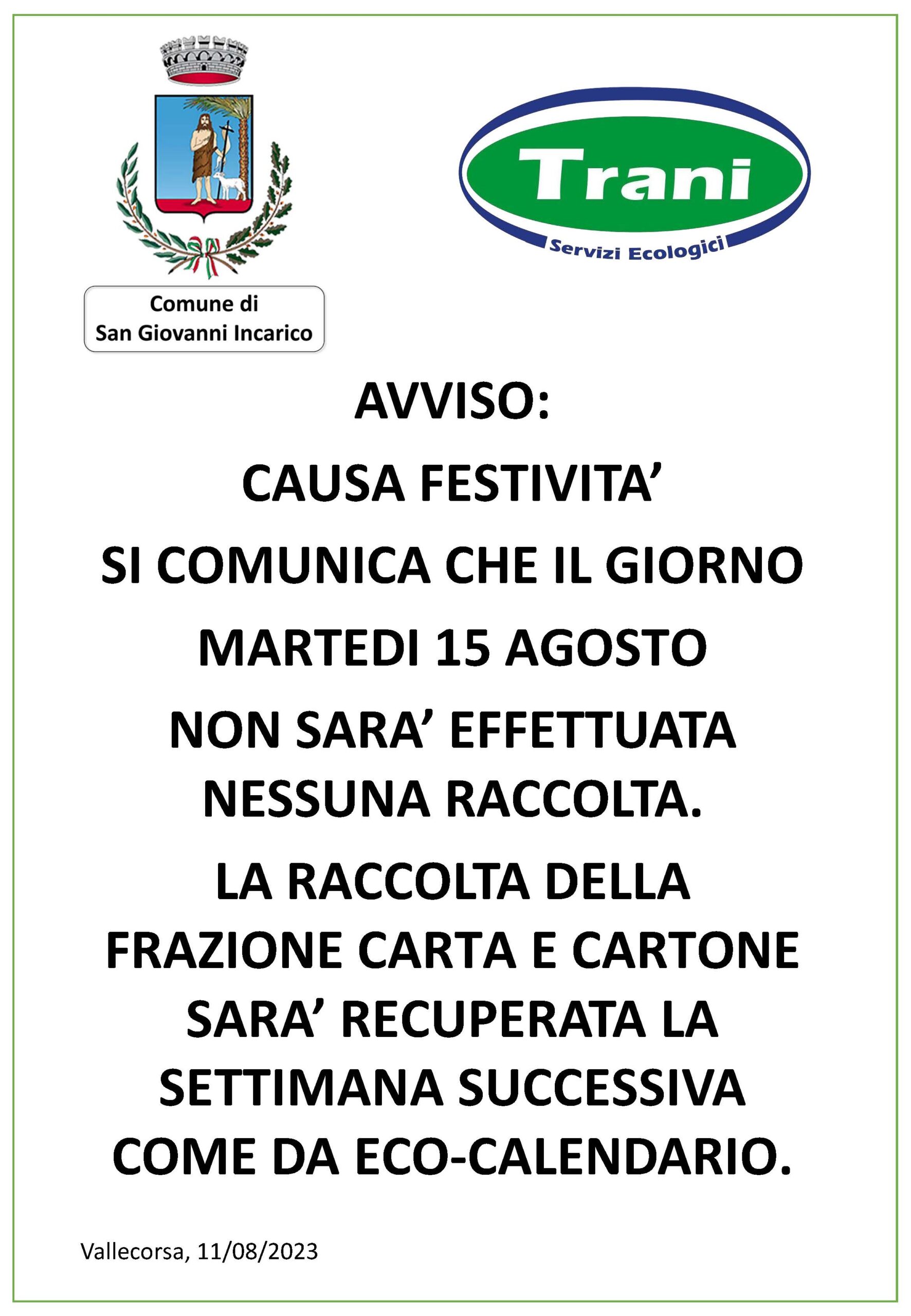 Festività 15 agosto 2023 – Comune di San Giovanni Incarico